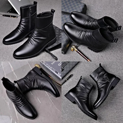 Miniatura 3 de Botines de vestir de cuero negro para hombre, botas cortas casuales de negocios con cremallera para otoño e invierno 2023