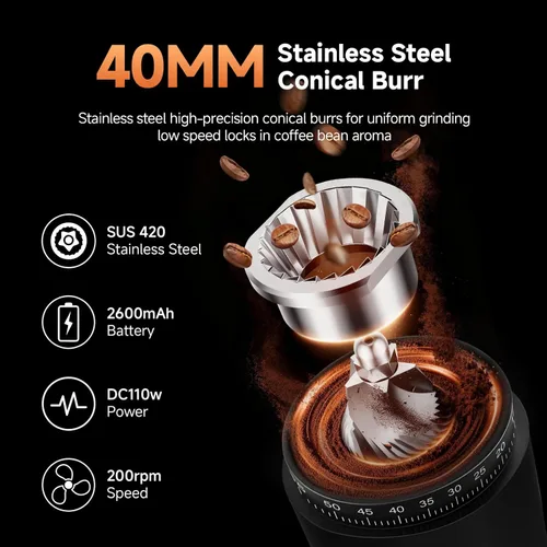 Miniatura 3 de AAOBOSI Molinillo inalámbrico de granos de café con 60 ajustes de molienda, temporizador ajustable de 98 segundos y rebaba cónica, antiestático