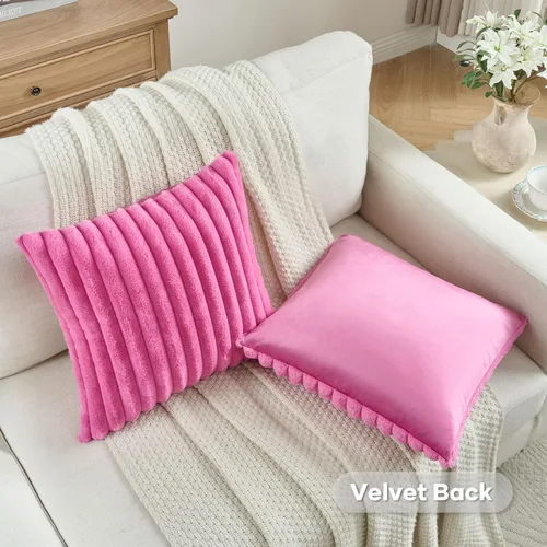 Miniatura 4 de FUTEI - Juego de 2 fundas de almohada decorativas con rayas, cuadradas, para invierno, piel sintética de conejo suave y acogedora y respaldo de Rosa