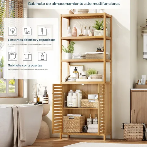 Miniatura 3 de HIFIT Armario alto de almacenamiento para baño, gabinete de baño estrecho de bambú de 66 pulgadas con 2 puertas y estantes abiertos de 4 niveles