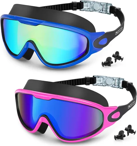 Water Space Swim Goggles 2 Pack for Adult Men Women, Anti-fog UV Protection No Leak 180° Wide View Clear Vision Pool Goggles