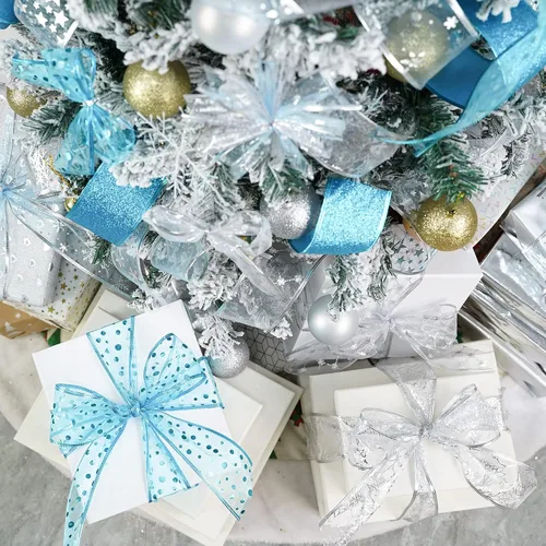 Miniatura 3 de MEEDEE Cinta de Navidad turquesa de 2.5 pulgadas, 6 rollos, 36 yardas, azul y plateado para árbol de Navidad
