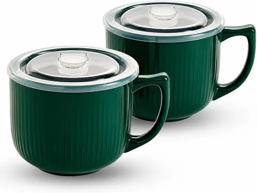 Miniatura 24 de Tazón de sopa de cerámica con asa de 32 onzas – Tazón de ramen para microondas con tapa, tazas y tazas de sopa para cereales, avena, ramen, fideos