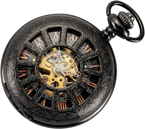 SIBOSUN Reloj de bolsillo esqueleto especial 12 - Pequeño - Diseño de caja de ventana para hombre, color negro, mecánico con caja de cadena