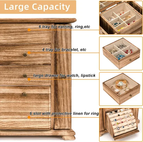 Miniatura 3 de Honiway Joyero para mujer con 6 compartimentos y espejo rústico de madera para collares pulseras aretes anillos regalos de cumpleaños