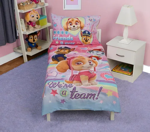 Paw Patrol Skye We're A Team - Juego de ropa de cama infantil de 4 piezas, incluye edredón, juego de sábanas, sábana bajera, sábana superior, funda