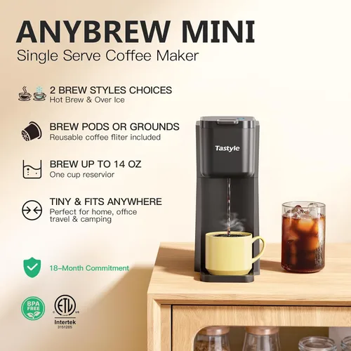 Miniatura 2 de Tastyle Mini Cafetera de Café Caliente y Helado de Una Sola Porción, para Cápsulas K y Molido, Tamaños de Preparación de 6 a 14 Oz, con Libro