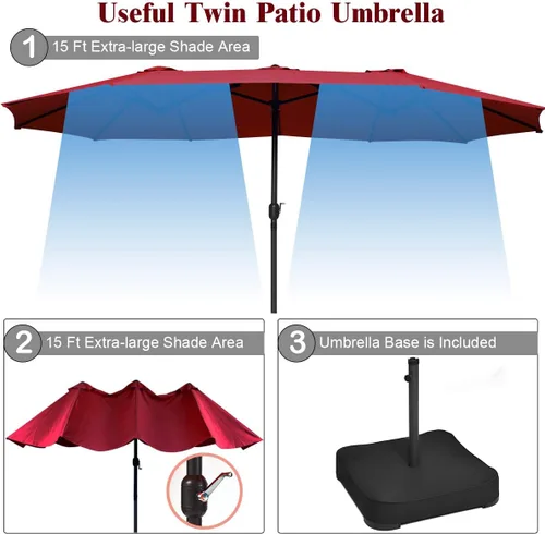 Miniatura 6 de Tangkula Paraguas de doble cara para patio de 15 pies con base, sombrilla de mercado extragrande para exteriores con manivela, base de sombrilla Vino