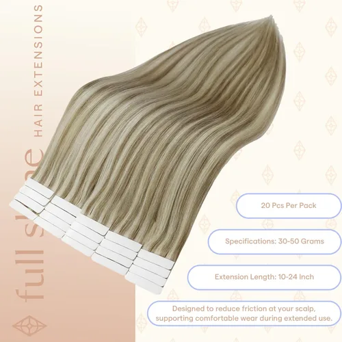 Miniatura 3 de Fshine Extensiones de cabello humano adhesivas de 20 pulgadas, extensiones de cabello Remy de 1.76 oz, color 16, reflejos 22, rubio, cinta adhesiva
