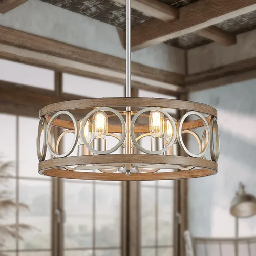 XINGQI Candelabro de tambor de 21.7 pulgadas, lámpara de comedor de granja, iluminación de cocina de níquel cepillado de grano de madera, 5 luces