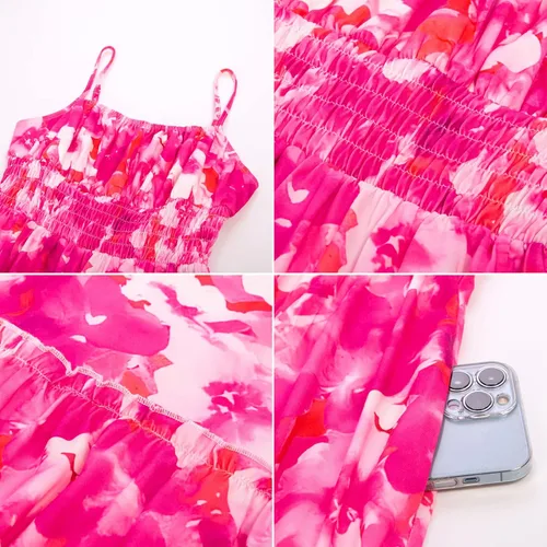 Miniatura 6 de GRACE KARIN Vestido largo de verano para mujer, sin mangas, floral, tirantes delgados, fruncido, bohemio, para playa, con bolsillos
