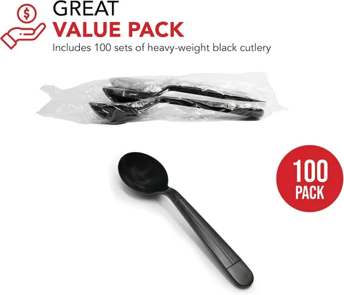 Miniatura 2 de Party Essentials Juegos de utensilios de plástico negro envueltos individualmente/paquetes de cubiertos resistentes, cuchara de sopa, 100