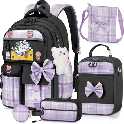 Mochila para niñas con juego de lonchera, 5 piezas, color negro, linda mochila Kawaii para adolescentes, mochila escolar estética para primaria