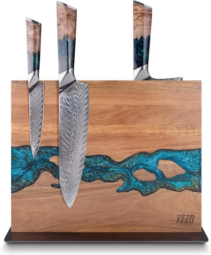 FINDKING Bloque magnético para cuchillos, soporte de doble cara, potente imán para almacenamiento de cocina, madera de acacia y resina azul (12 x 10