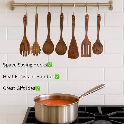 Miniatura 4 de R&C Juego de utensilios de cocina de madera, 9 piezas, herramientas de cocina de teca con soporte y ganchos, antiadherentes, resistentes al calor