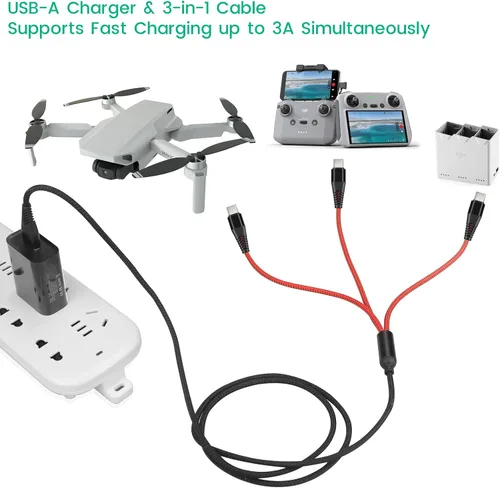 Miniatura 4 de Cargador para DJI Mini 4 Pro, Mini 3 Pro, Mavic 3, Air 2S, Avata Drone, cable de carga rápida 3 en 1 3A USB C con adaptador para controlador remoto