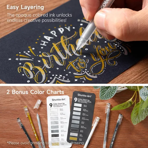 Miniatura 4 de Shuttle Art - Bolígrafos de colores, 22 tonos negro, blanco, gris y metálico, lindos bolígrafos para diario, 0.6mm de punta fina, bolígrafos de gel