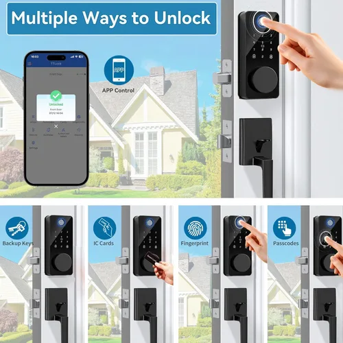 Miniatura 4 de Cerradura de puerta inteligente con mango 6 en 1 sin llave cerrojo de entrada, cerradura de puerta biométrica de huellas dactilares, código