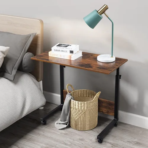 Miniatura 4 de HomVent Mesa de TV ajustable con ruedas, mesa lateral para aperitivos con ruedas, mesa portátil en forma de C, mesa de mesa móvil de madera