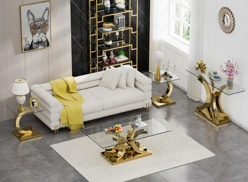 Miniatura 168 de Mesa de centro de cristal de lujo, mesa de centro de sofá de 47 pulgadas con marco de acero inoxidable dorado y parte superior de vidrio negro, mesa
