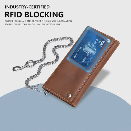 Miniatura 4 de Cartera de piel auténtica con tres pliegues para hombre con cadena cartera de motociclista con cadena larga y resistente Marrón largo