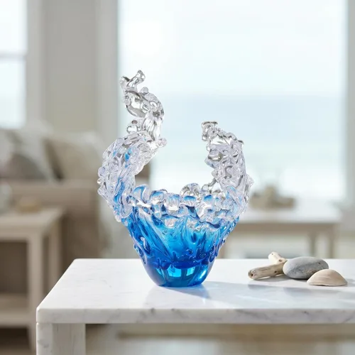 Miniatura 2 de suruim Figuras de escultura de onda de vidrio soplado a mano, cuenco de vidrio azul y transparente para decoración del hogar, figura de vidrio