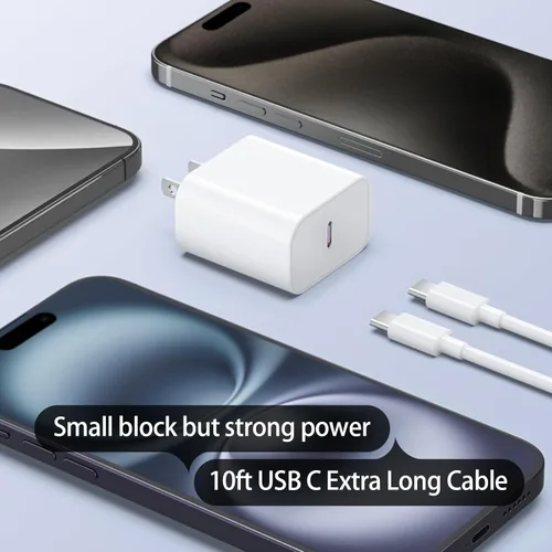 Miniatura 3 de Cable de 10 pies para Apple iPhone 16 15 Pro Max, cargador de carga rápida, iPad, AirPods 4 (USB-C), 20 W tipo C Blcok de 10 pies de largo, cable
