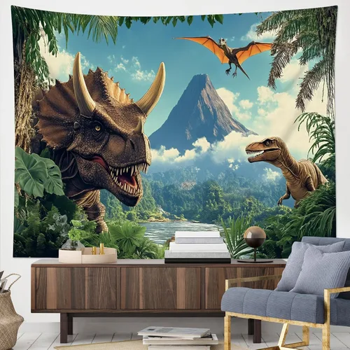 Miniatura 11 de HVEST Tapiz de dinosaurio salvaje y antiguo depredador para colgar en la pared, bosque tropical con árboles verdes y montañas, tapices de pared