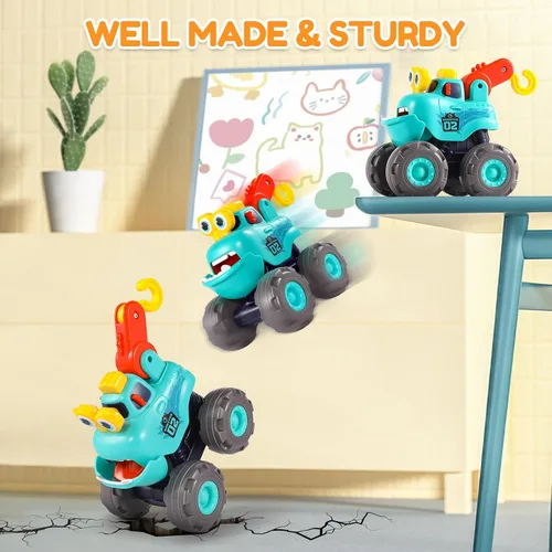 Miniatura 6 de Juguetes para niños de 1 año, camiones monstruo juguetes de construcción para niños pequeños 1-3 grúa camión volquete excavadora retroceso coche