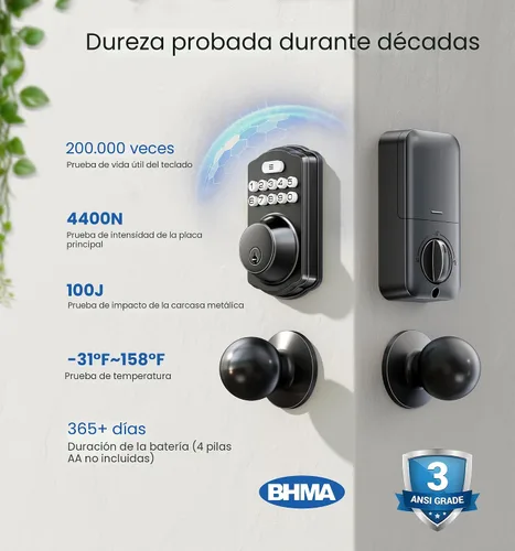 Miniatura 5 de Veise Cerradura de puerta de entrada sin llave con 2 perillas, cerrojo electrónico retroiluminado con asa, bloqueo automático, códigos únicos, Negro