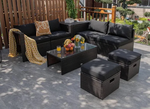 Miniatura 3 de Tangkula Patiojoy - Juego de muebles de patio de 8 piezas, sofá seccional de ratán PE para 6 personas con funda impermeable, para jardín, cubierta