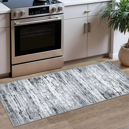 Lansny Alfombra moderna abstracta de 2 x 5 pies, color negro, gris, blanco, lavable, alfombra de entrada para cocina, alfombra antideslizante suave