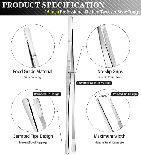 Miniatura 2 de Jetkong 2 pinzas extra grandes de 40 cm, pinzas de cocina extra largas para alimentos, reparación y barbacoa (40 cm, plateado)