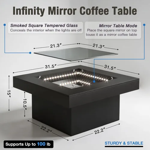 Miniatura 2 de FKWin Mesas de centro modernas negras – Mesa de centro cuadrada con espejo de profundidad infinita con luces LED, mesa negra para sala de estar