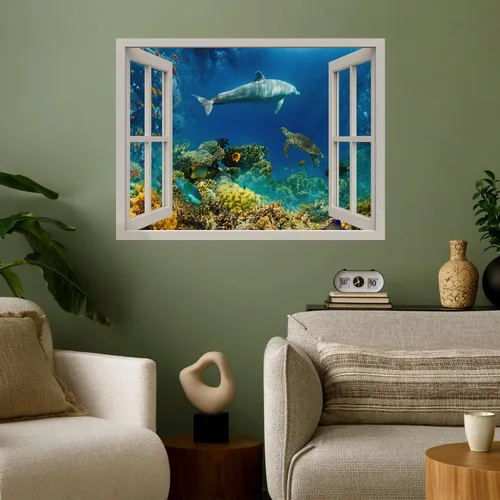 Miniatura 32 de wall26 Mural de pared extraíble – Hermosa pareja saltando delfines en el mar puesta de sol creativa vista de ventana decoración del hogar/decoración