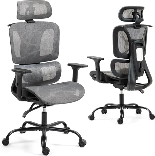 Miniatura 10 de Silla de oficina ergonómica con soporte lumbar ajustable, reposabrazos y reposacabezas 3D, silla reclinable de 135° con base de acero grande, silla