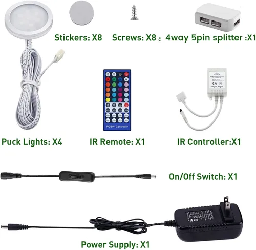 Miniatura 2 de AIBOO RGBW - Kit de luces LED de Navidad Navideñas para debajo del gabinete, RGB + blanco con cambio de color, luces de disco con control remoto IR