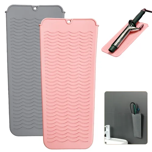 Miniatura 16 de Alfombrilla de silicona resistente al calor con agujero para colgar, alfombrilla de viaje y bolsa resistente al calor para rizador, plancha Gris