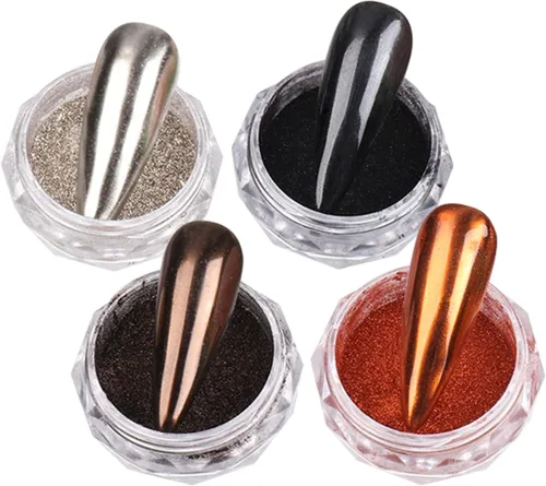 Miniatura 6 de Polvo mágico de uñas cromado, efecto espejo metálico holográfico, plateado, cobre, negro, marrón, manicura, pigmento con purpurina para diseño