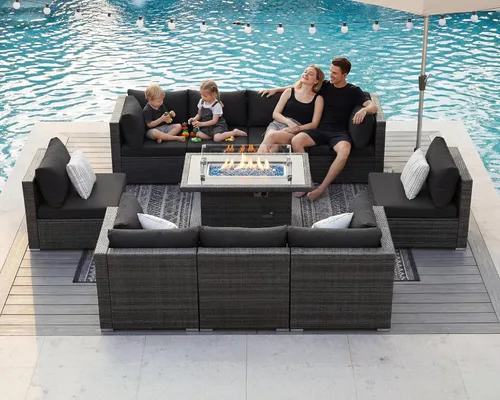 Miniatura 49 de BULEXYARD Juego de 7 piezas de sofá seccional para exteriores con respaldo alto, mesa para fogatas, juego de muebles de patio de mimbre resistente a
