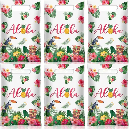 PerKoop 100 bolsas de regalo hawaianas de plástico Aloha bolsas de regalo Luau para fiestas con asas para verano, tropical, cumpleaños, vacaciones,