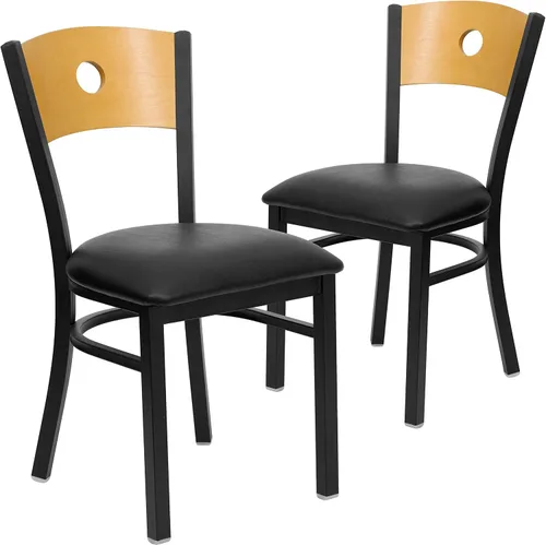 Miniatura 3 de Flash Furniture HERCULES Series Silla de restaurante de metal con respaldo circular negro, respaldo de madera natural, asiento de vinilo negro