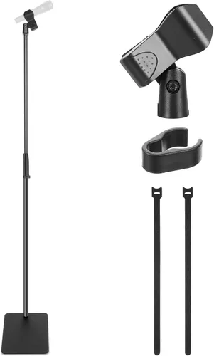 Pyle Soporte de micrófono de base cuadrada con clip de micrófono, resistente, altura ajustable, 36.2 a 63.38 pulgadas, base sólida fundida a