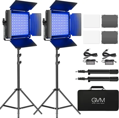 GVM - Luz de video LED RGB con control Bluetooth, kit de iluminación de video 1000D PRO de 360° a todo color con 736 cuentas LED, 2 paquetes de luz
