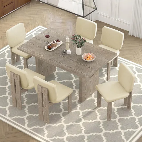 Miniatura 9 de Merax Juego de comedor retro de 7 piezas para 6, mesa rectangular de madera de goma con base de caballete diseñada y 6 sillas tapizadas para comedor
