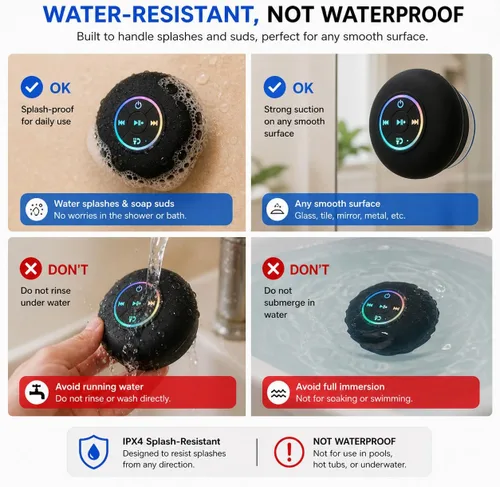 Miniatura 6 de Altavoz de ducha Bluetooth con LED – Altavoz mini inalámbrico portátil con micrófono y ventosa, resistente al agua IPX4 para ducha, viaje, piscina