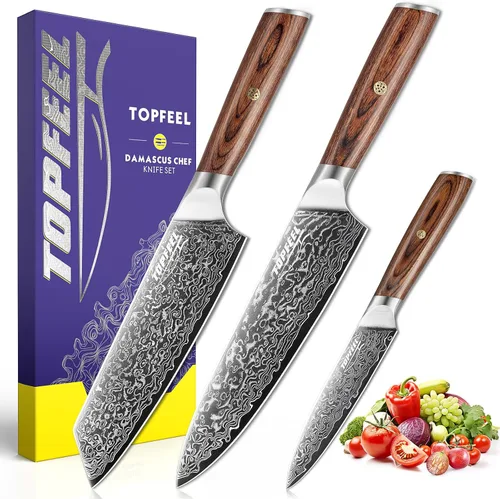 Damasco - Juego de 3 cuchillos de cocina ultra afilados con núcleo de acero japonés VG-10, juego de cuchillos japoneses profesionales de acero de