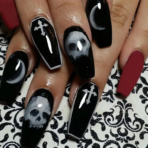 Miniatura 12 de Uñas postizas a presión de Halloween, uñas postizas cuadradas cortas con diseños de gato negro, acabado degradado brillante, cobertura completa