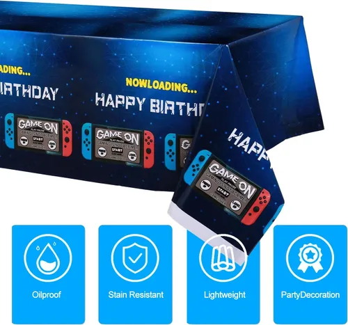 Miniatura 4 de Mantel azul para fiesta de videojuegos, 2 unidades, 54 x 108 pulgadas, decoración de fiesta de cumpleaños de videojuegos, funda rectangular Mantel