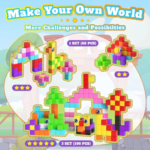 Miniatura 5 de Juego de 65 bloques magnéticos, bloques de construcción magnéticos de 1" con ojos de juguete y bolsa de almacenamiento para regalos de niños